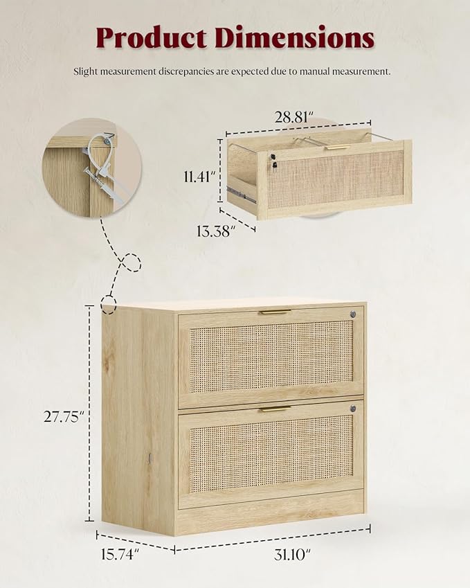 HOPUBUY 2 Drawer File Cabinet with Lock, Wood Rattan Lateral Filing Cabinet for Home Office, Printer Stand for Letter/Legal/A4/F4 Size, Adjustable Hanging Bars, Natural Wood