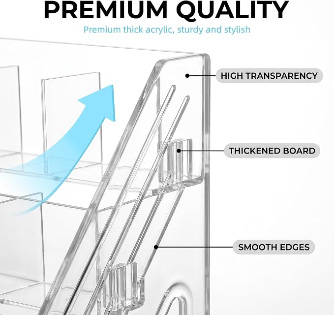 3-Tier Acrylic Desk Organizer, Multi-Slot Marker & Pen Storage Holder, Clear Vertical Desktop Stationery Rack for Small Art Supplies, Compact Office & Home Workspace Organizer