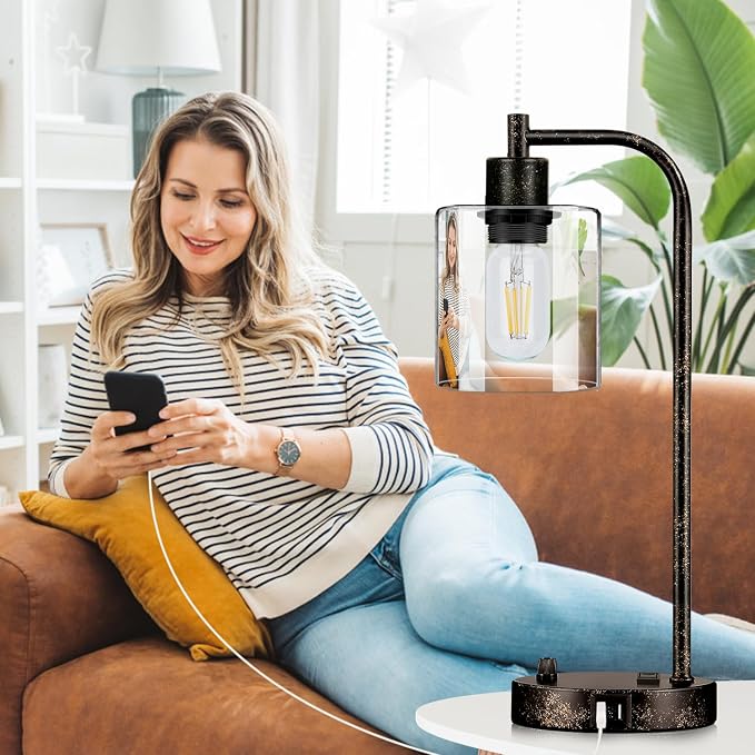 Set of 2 Industrial Table Lamps with USB Port, Rustic Black Fully Stepless Dimmable Bedside Lamps for bedrooms, Nightstand Desk Lamps with Clear Glass Shade for Reading Living Room Office 2 LED Bulb