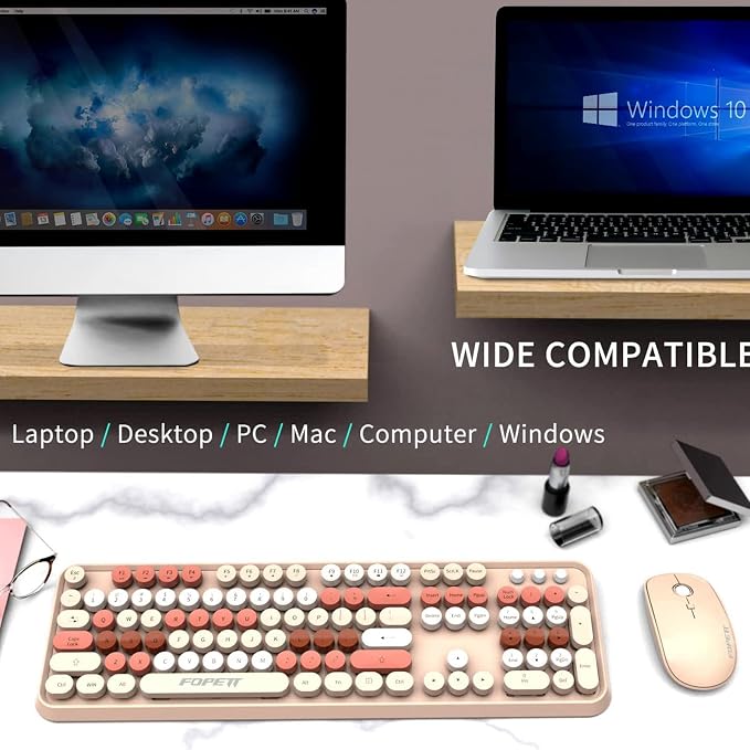 FD Wireless Keyboard and Mouse Combo | Cute Colorful Keyboard and Mouse with 2.4GHz Cordless Retro Typewriter Keyboard | Auto-Sleep | USB Receiver for Windows PC/Laptop - Creamy Colorful