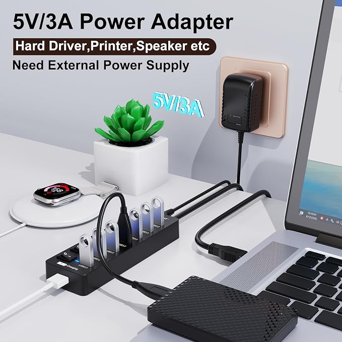 Powered USB Hub 3.0,VEMONT 7 Ports Multi USB hubs and 1 USB Smart Charging Port with 5V/3A Power Supply,USB Extension Splitter with Individual On/Off Switches and 4ft/1.2m Long Cable for PC/Laptop