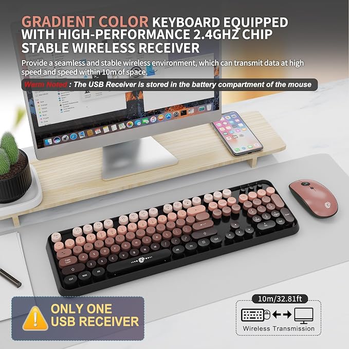 FOPETT Wireless Keyboard and Mouse Combo - 2.4G Full-Sized Cute Colorful Mouse and Keyboard with 104 Round Keys Retro Typewriter Keyboard for Laptop/Windows/PC - Pink Gradient
