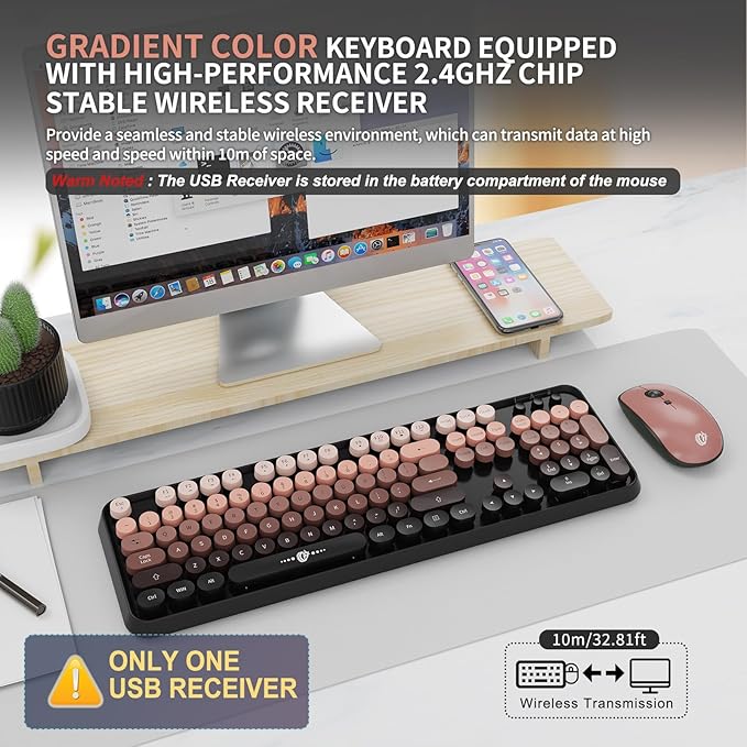Wireless Keyboard and Mouse Combo for Long Nails, Black Pink Aesthetic Bubble Keyboard with Round Keys, Cute Typewriter Style Full Size Keyboard with Number Pad for PC Laptop Desktop