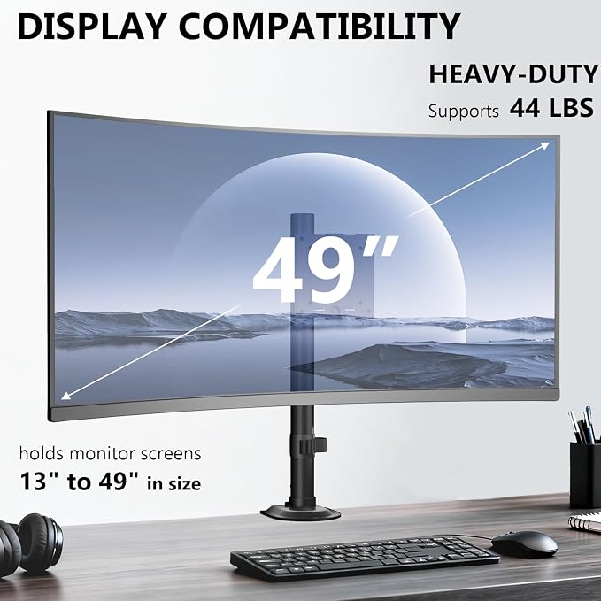 WALI Heavy Duty Single Monitor Arm Desk Mount for 13-49 Inch Screens, Ultrawide Monitor Stand with Full Motion Tilt, Swivel, Rotation, Holds up to 44 lbs, C-Clamp Mount for VESA 75/100mm,(M001S)