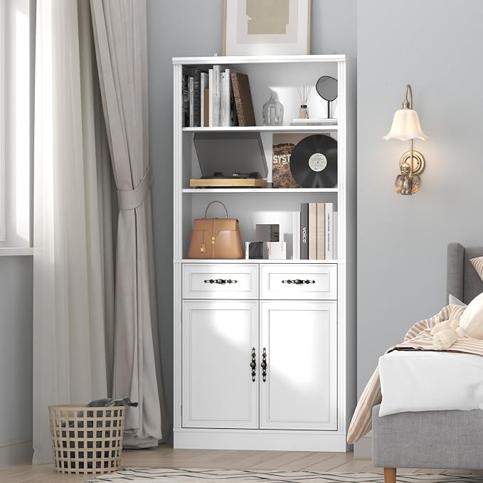 Thacuok 72'' Tall Bookcase with Doors and Drawers, Adjustable Shelves, P2 MDF Construction, 32'' Wide Freestanding Cabinet with Metal Handles, Hidden Storage for Living Room, Bedroom