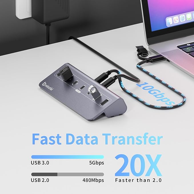 USB C Hub,Powered USB Hub with 5V 3A Power Adapter, 10Gbps USB Splitter with 4 USB-A and 3 USB-C Ports, 7-Port Type C Multiport Adapter for MacBook Air/Pro, iPhone 16/15, Laptop and More