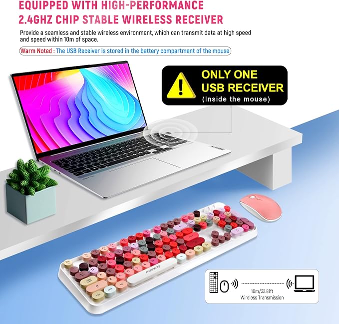FOPETT Wireless Keyboard and Mouse Sets,Reliable 2.4 GHz Connectivity for PC,Laptop,Smart TV and More (White Colorful)