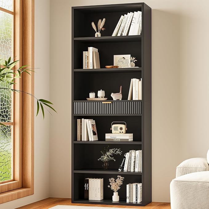 INNOD Multifunctional 7-Shelf Storage Bookcase, 72" Tall Wood Bookshelf with Drawer & Anti-Tip Kit, Display Organizer for Home Office, Living Room, Bedroom Furniture