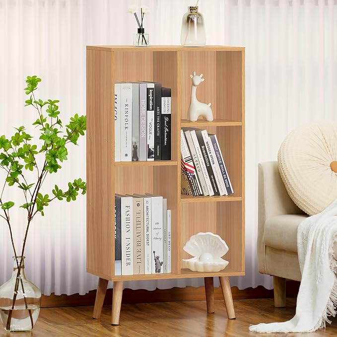 LEYAOYAO Wooden 5 Cube Bookshelf, Natural 3 Tier Book Shelf with Legs, Modern Open Storage Organizer,Boho Bookcase,Display Cabinet Shelf Free Standing Bookshelves for Bedroom,Living Room,Study