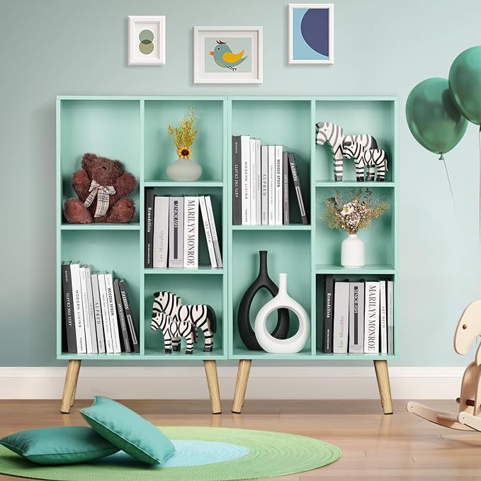 LEYAOYAO 5 Cube Bookshelf 3-Tier Bookcase with Legs,Mint Green Kids Book Shelf Cute Storage Organizer,Free Standing Open Toy Shelves Wood Bookshelves,Display Bookcases for Bedroom,Living Room,Nursery