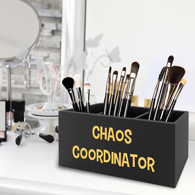 Chaos Coordinator Black Yellow Pen Pencil Holder Organizer for Desk, Thank You Gifts for Women Men Coworkers Boss Leader Manager, Appreciation Gifts Wooden Box Sign for Desk Tabletop Decorations