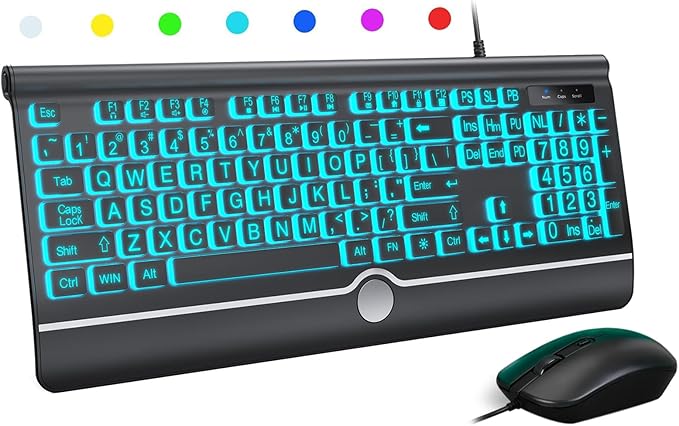 Wired Keyboard and Mouse Combo - Large Print Light Up Keyboard, USB Silent Wired Backlit Keyboard and Optical Mouse for Windows, PC, Laptop - Easy to See, USB Play and Plug