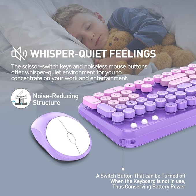 Wireless Keyboards Mouse Combos, Colorful Cute Typewriter Full-Size Retro Creamy Keyboard, 2.4GHz Sleep Mode Office Quiet Wireless Keyboard and Mouse Set for Desktop Laptop PC Computer(Purple)