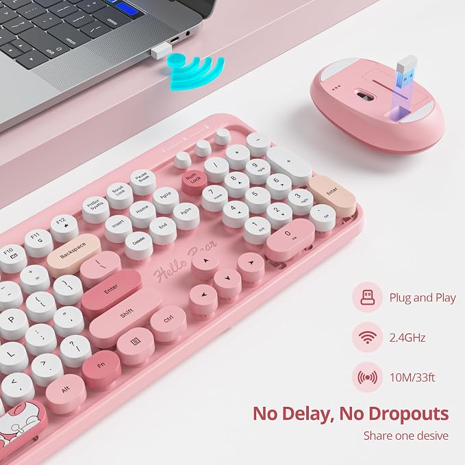 GTSP Pink Typewriter Keyboard Wireless Mouse Combo, Cute Keyboard 2.4G Office Full-Sized Retro with Round Keycaps for Laptop PC Desktops（Pink）