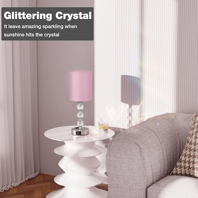 Pink Touch Bedside Lamps for Bedrooms - Crystal Table Lamp with USB C+A Charging Port and AC Outlet Nightstand, 3 Way Dimmable Silver Small End Side Table Lamp for Living/Guest/Dinning Room/Kitchen