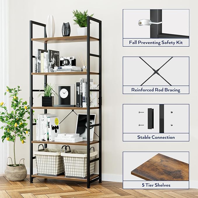 NUMENN 5 Tier Bookshelf, Tall Bookcase Shelf Storage Organizer, Modern Book Shelf for Bedroom, Living Room and Home Office, Vintage