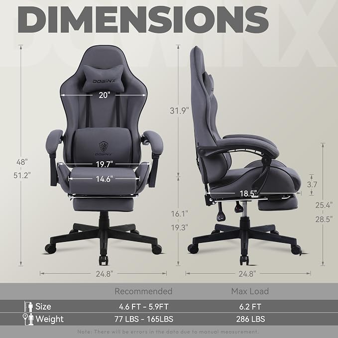 Dowinx Gaming Chair Fabric with Pocket Spring Cushion, Massage Game Chair Cloth with Headrest, Ergonomic Computer Chair with Footrest 290LBS, Grey
