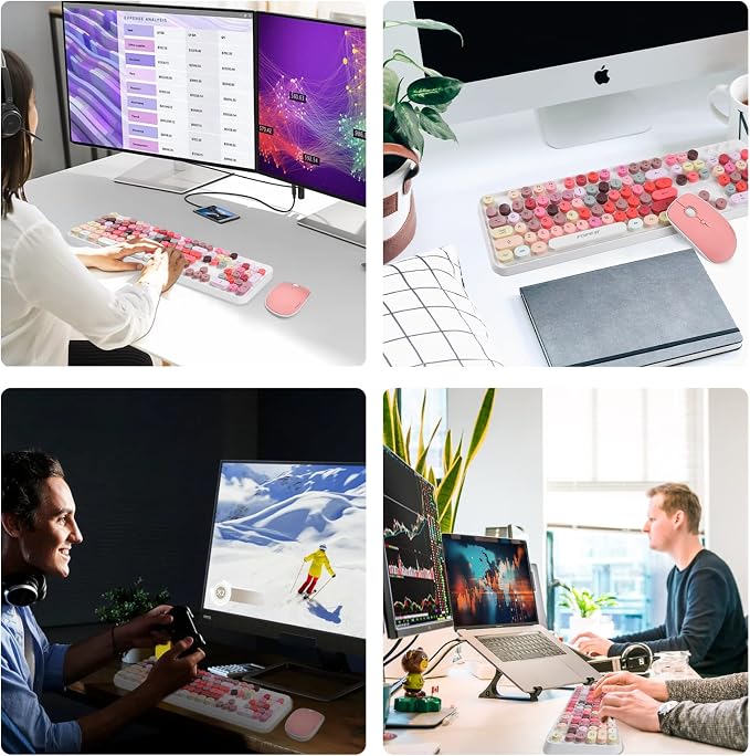 FOPETT Wireless Keyboard and Mouse Sets,Reliable 2.4 GHz Connectivity for PC,Laptop,Smart TV and More (White Colorful)