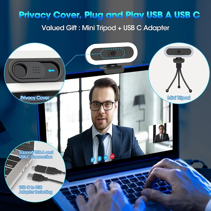 ToLuLu Streaming Webcam 2K 50FPS Web Cam, LED RGB Webcam with Microphone and Light, Autofocus Computer Camera with Cover and Tripod, Plug-Play USB Web cam for PC Desktop/MacBook Gaming Video Calling