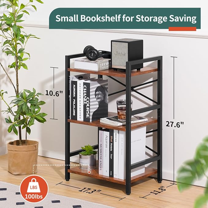 Yoobure Bookshelf Small Book Shelf, Solid Industrial 3 Tier Shelf Bookcase, Short Book Case for Bedroom, Living Room, Office Home, Small Spaces, Easy Assembly Berry Brown