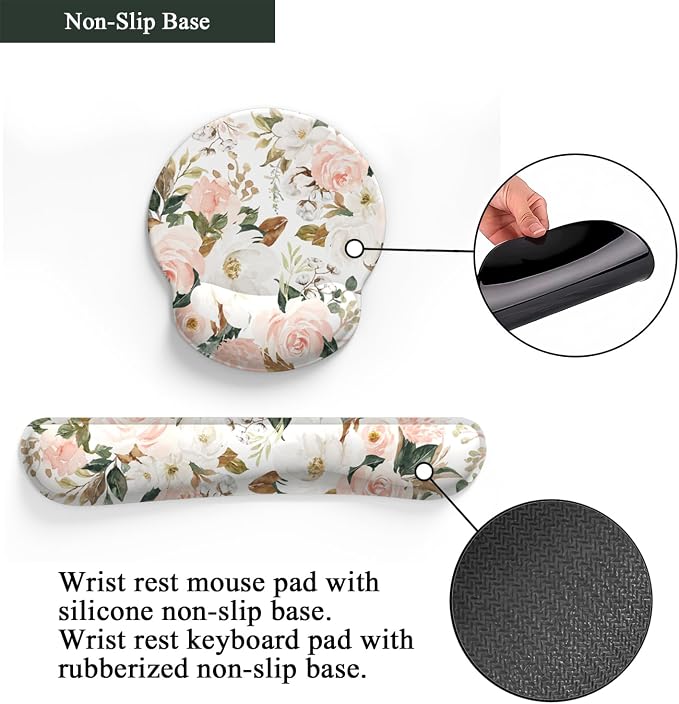 Pink Flower Desktop Mat Aesthetic Wrist Support Keyboard Mouse Wrist Rest Set, Computer Office Comfortable Wrist Rest for Mouse Easy Typing & Pain Relief, Ergonomic Computer Mouse Pad with Pu Base.