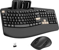 Wireless Keyboard and Mouse Combo, 2.4G Full Size Wave Keys Ergonomic Keyboard with Wrist Rest, Phone Holder, 3-Level DPI Wireless Silent Mouse with 6-Buttons, for Windows (Latte Black)