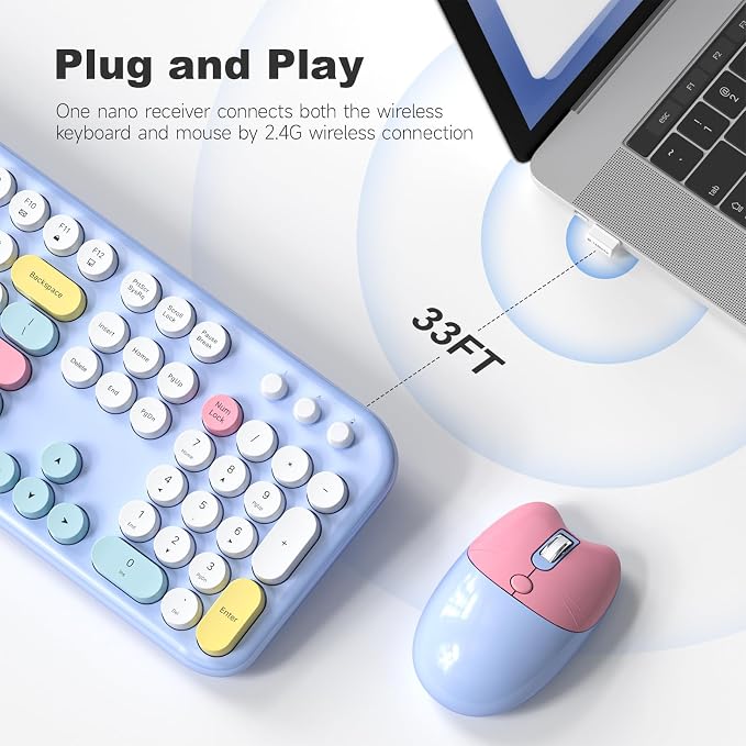 Wireless Keyboard and Mouse Combo, Meidosa 2.4GHz Colorful Full-Size Retro Typewriter Keyboard with Cat Shape 3 Level Adjustable Optical Mouse for PC/Desktop/Laptop/Windows (Pale Blue Colorful)