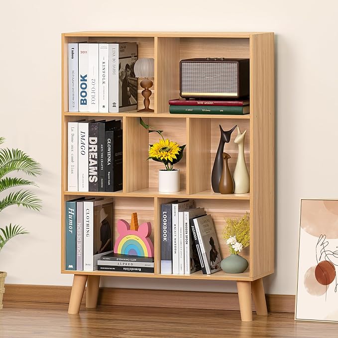 LEYAOYAO Wooden 7 Cube Book Shelf, Natural 3 Tier Bookshelf with Legs, Modern Open Storage Organizer,Boho Bookcase,Display Cabinet Shelf Free Standing Bookshelves for Bedroom,Living Room,Office