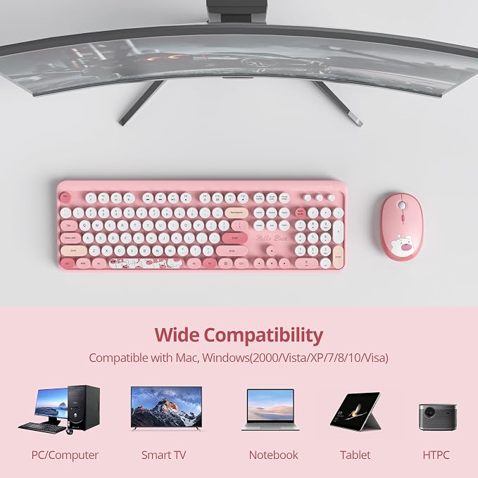 GTSP Pink Typewriter Keyboard Wireless Mouse Combo, Cute Keyboard 2.4G Office Full-Sized Retro with Round Keycaps for Laptop PC Desktops（Pink）
