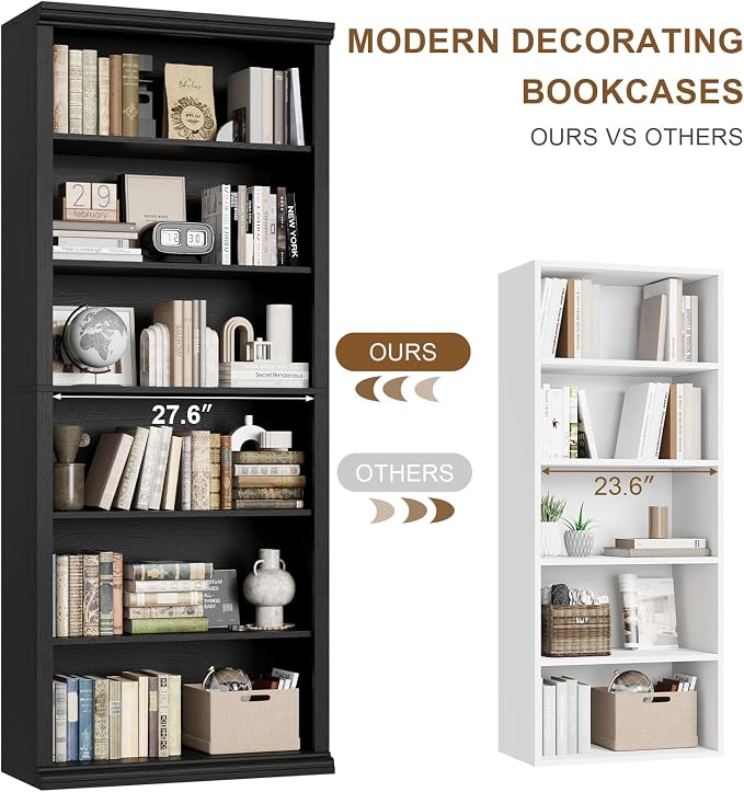 Rresyet Bookcase and Bookshelves, 28" W Tall Bookshelf with Elegant Design, 6 Tiers Spacious Book Storage, Freestanding Book Organizer, Display Library Shelf for Home Office, Living Room & Study Room
