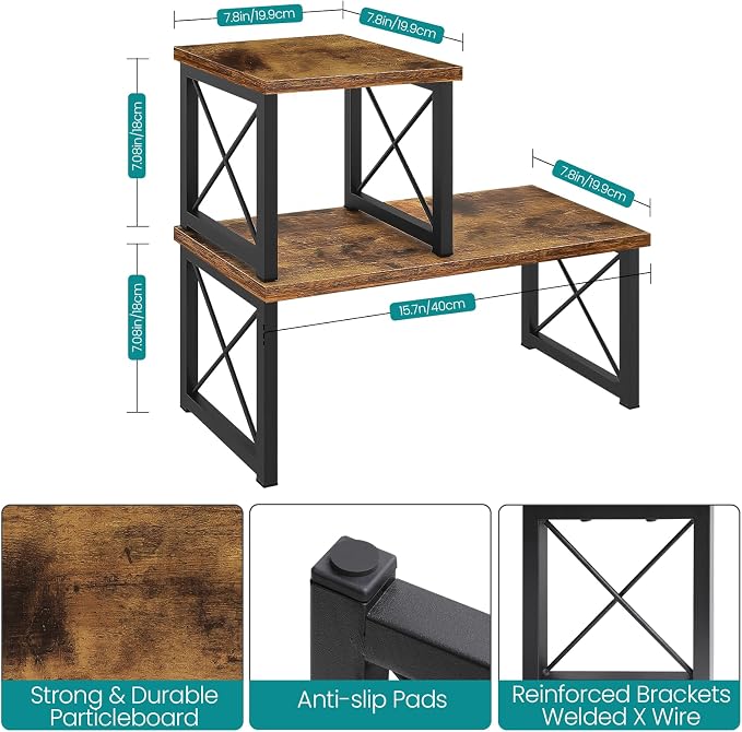 ELITEROO Wood Desktop Shelf, 2 Tier Adjustable Small Bookshelf Organizer, Freestanding Stackable Desk Stand, Storage Organizers, Kitchen Counter Display Rack, Rustic Brown