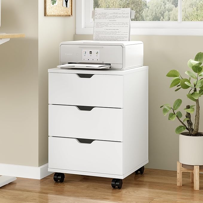 Farini 3-Drawer Under Desk Wooden File Storage Cabinet with Lockable Caster for Home Office,White,Fully Assembly
