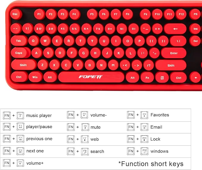 FOPETT Wireless Keyboard and Mouse Combo, 104 Keys Full-Sized 2.4 GHz Round Keycap Colorful Keyboards, USB Receiver Plug and Play, for Windows, Mac, PC, Laptop, Desktop (Black Red)