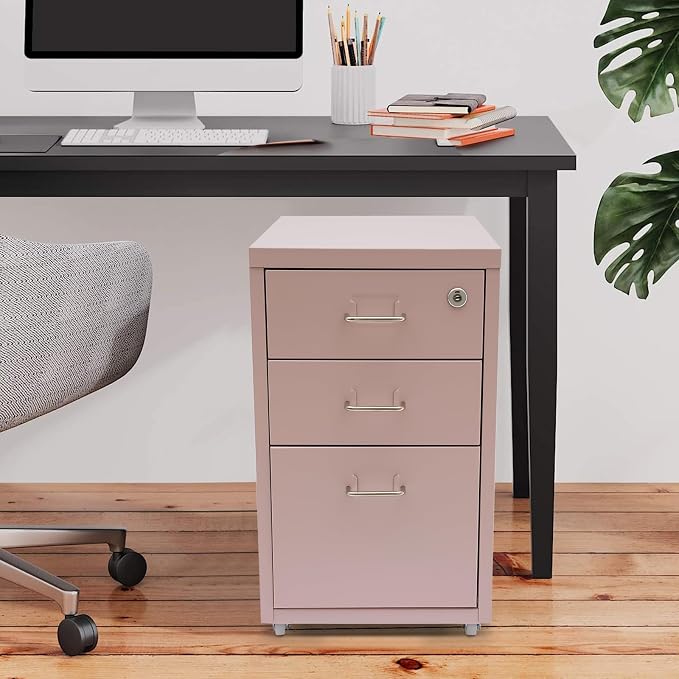 3-Drawer Metal File Cabinet, Mobile File Cabinet with Lock, Rolling Vertical Filing Drawers Under Desk for Home Office, 11 * 16 * 18.3in (Light Pink)