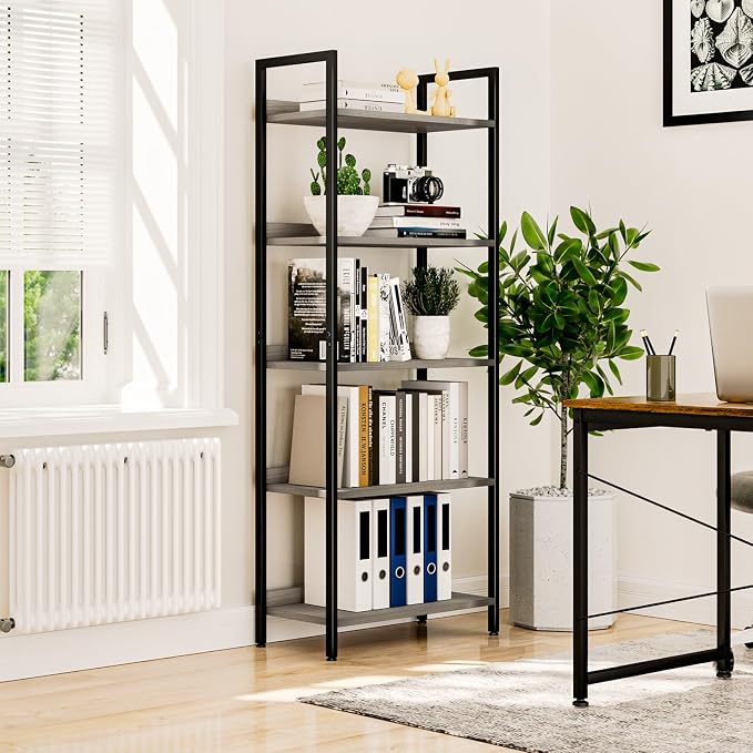 NUMENN Bookshelf, 5 Tier Bookshelves, Home Office Bookcase Shelf Storage Organizer, Free Standing Storage Shelving Unit for Bedroom, Living Room and Home Office, Grey