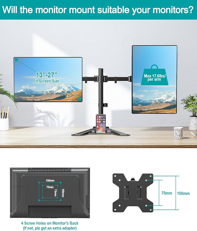 MOUNT PRO Dual Monitor Stand, Free-Standing Full Motion Monitor Desk Mount Fits 2 Screens up to 27 inches,17.6lbs with Height Adjustable, Swivel, Tilt, Rotation, VESA 75x75 100x100, Black