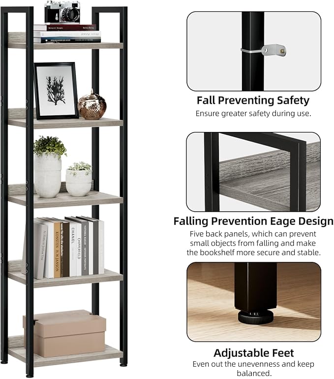 NUMENN Narrow Bookshelf, 5 Tier Bookshelves, Home Office Bookcase Shelf Storage Organizer, Free Standing Storage Shelving Unit for Bedroom, Living Room and Home Office, Grey
