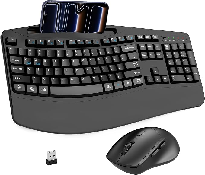 Wireless Keyboard and Mouse Combo, 2.4G Full Size Wave Keys Ergonomic Keyboard with Wrist Rest, Phone Holder, 3-Level DPI Wireless Silent Mouse with 6-Buttons, for Windows, Mac OS, Laptop, PC (Black)