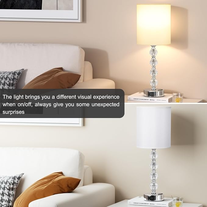 Touch Bedside Crystal Lamps for Bedrooms Nightstand with USB C+A Charging Port and AC Outlet White, 3 Way Dimmable Silver Large End Side Table Lamp for Living/Guest/Dinning Room/Kitchen