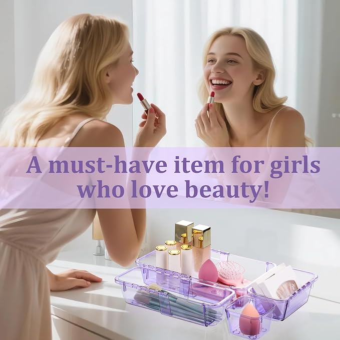 14 Pcs Adjustable Clear Drawer Organizer, Extendable Vanity Storage Bins, Desk Drawer Organizer Set for Makeup, Cosmetics, Bedroom, and Gadgets, Purple