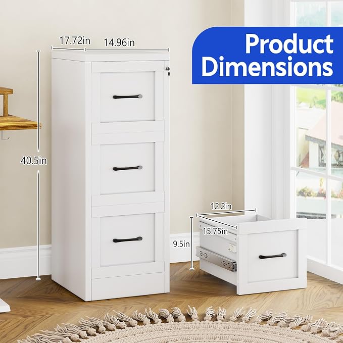Small Metal 3-Drawer File Cabinet, Under-Desk Filing Cabinet, White | Locking, Adjustable Hanging Rail, Fit A4, FC, Letter, Hanging File Folders for Home Office Storage Organization, 2PS