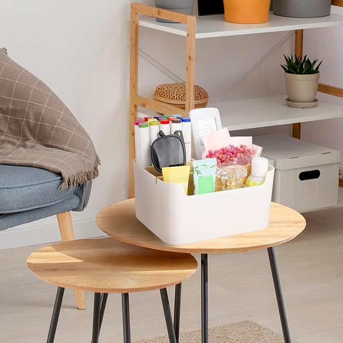 Segarty Desk Storage Box, Divided Bamboo Desktop Organizer, Pencil Holder, Detachable Pen Holder, Remote Control Holder, Cell Phone Box, Modern Wooden Desk Side Organizer for Office Home Accessories