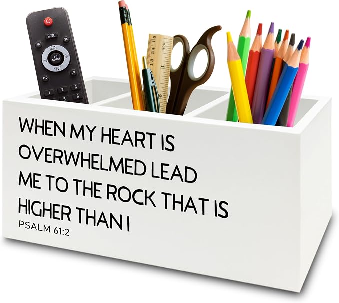 Christian Pen Pencil Holder Organizer for Desk, Christian Gifts for Women Men, Religious Psalm 61:2 Bible Verse Scripture Wooden Box Sign for Home Office Desk Tabletop Decorations