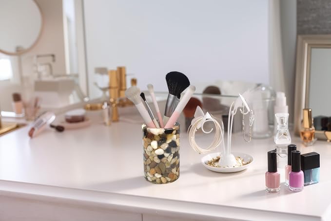 Handcrafted Pebbles Pen Holder for Desk, Makeup Brushes Cup,Pencil Holders, Aesthetic Office&Home Organizer