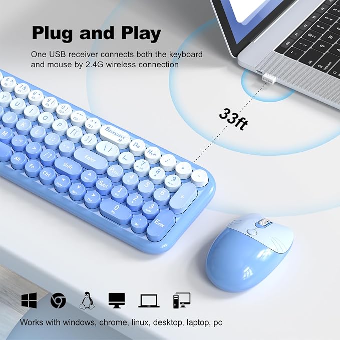 Wireless Keyboard and Mouse Combo, Meidosa 2.4GHz Colorful Full-Size Retro Typewriter Keyboard with Cat Shape 3 Level Adjustable Optical Mouse for PC/Desktop/Laptop/Windows (Blue Gradient)