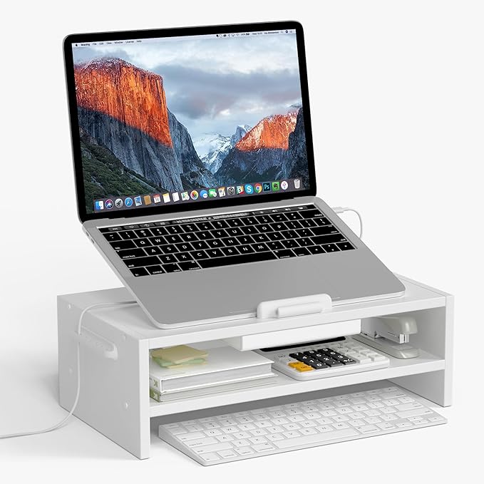 AFOOYO Adjustable Wood Laptop Stand, Ergonomic Height Angles Computer Holder Riser for Desk Compatible with Air, Pro, Dell, HP, Lenovo More 10-17.3" Laptops, White