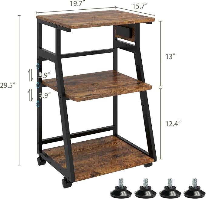 Natwind 19.7"x15.7" Printer Stand,3 Tier Printer Table with Charging Station, Rolling Cart with Adjustable Storage Shelf for Home Office Organization, Stand for Heat Press,3D Printer (Retro)