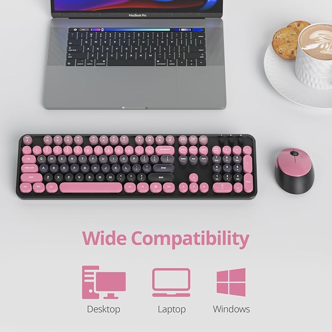 Guffercty kred Black and Pink Keyboard and Mouse Wireless, Retro Typewriter Cute Colorful Wireless Keyboard Full-Size 2.4GHz with Round Keycaps for Desktop Laptop and PC (Pink Plum)