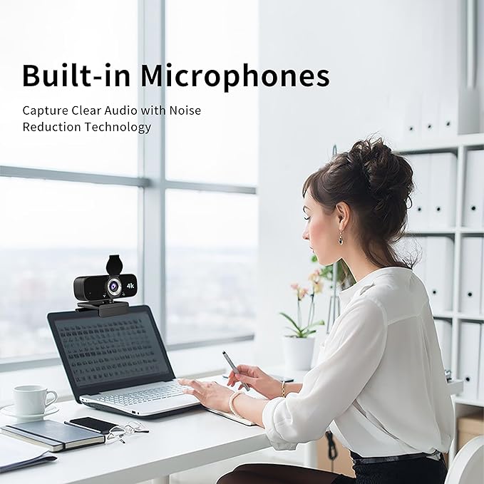 4K Webcam Camera for Computer, External Camera with Microphone, USB Plug&Play, Auto Low Light Correction, Privacy Cover, Tripod, Wide Angle for Meeting/Online Video/Zoom
