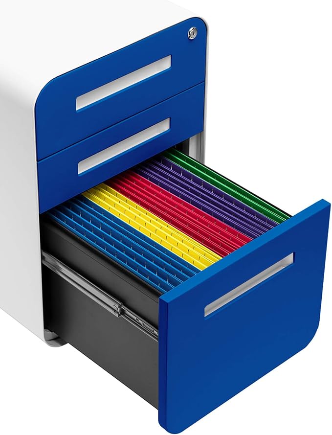 Laura Davidson Furniture Stockpile 3 Drawer File Cabinet with Lock - Under Office Desk Metal Filing Cabinet, Legal/Letter File Folders, Wheels and Stationary Feet, Pre-Assembled, Blue Faceplate
